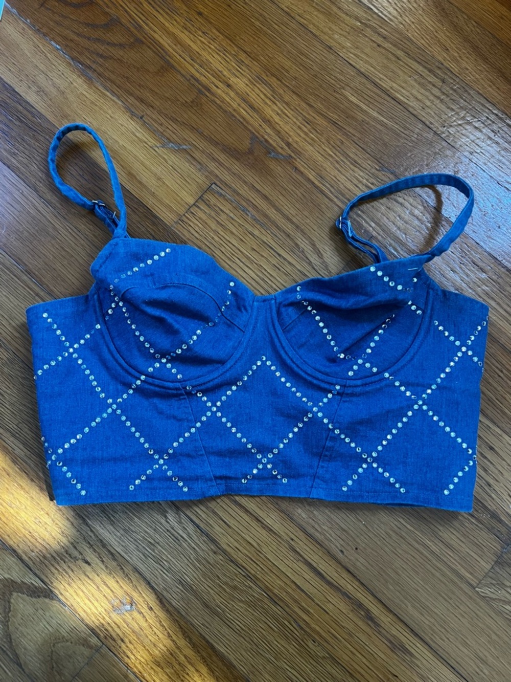 Rue 21 Blue denim bedazzled Bustier Crop Top -adjustable straps